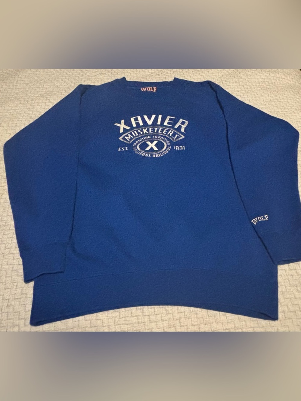Vintage Xavier Musketeers All Embroidered Blue College Crewneck Sweatshirt Large